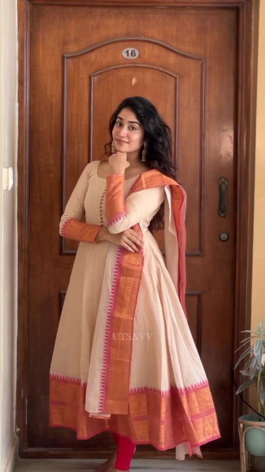 Beige Anarkali Kurta Set with Contrast Border Dupatta