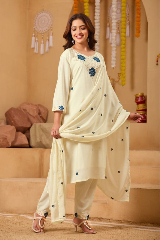 Ivory White Embroidered Kurta Set with Dupatta