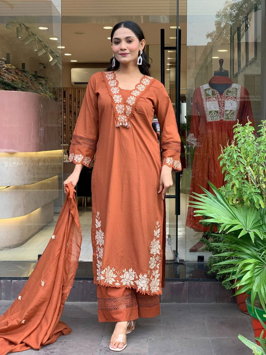 Rust Brown Embroidered Kurta Set with Dupatta
