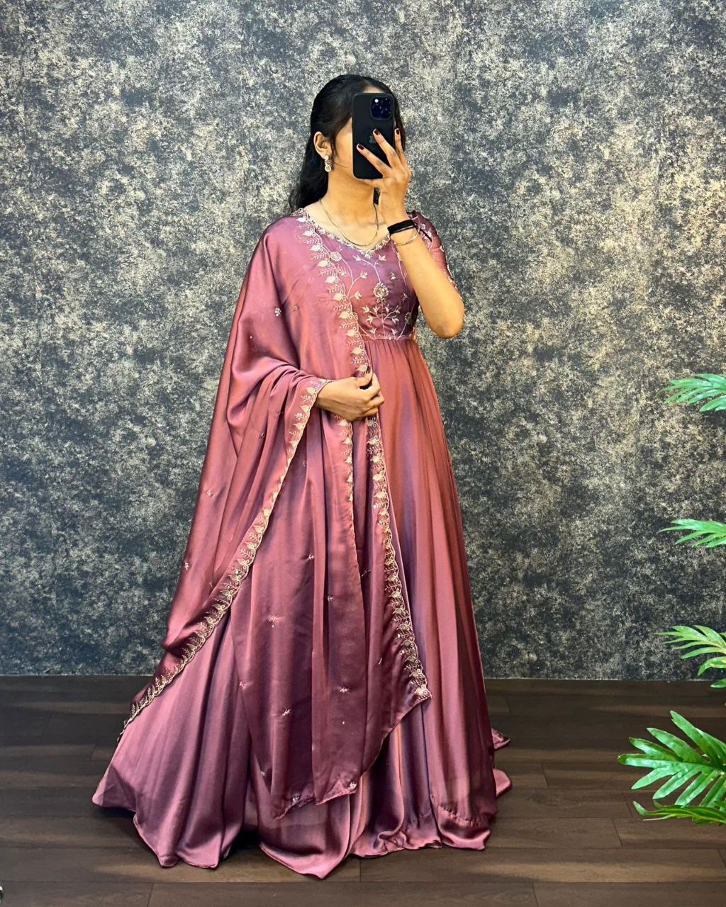 Mauve Floral Embroidered Anarkali Gown for Women