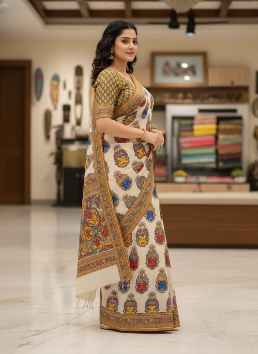 Elegant Cream Kalamkari Printed Saree with Traditional Border