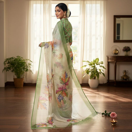 Elegant Pastel Green Floral Printed Saree