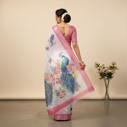 Elegant White & Pink Peacock Printed Saree