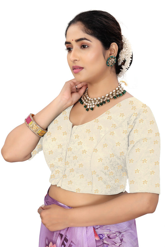 Women’s White Brocade Silk Blouse | Designer Ethnic Saree Blouse with Elbow Sleeves