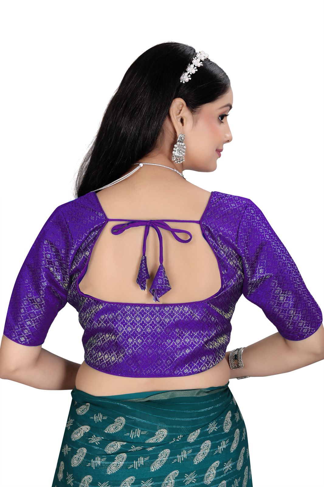 Women’s Royal Purple Brocade Silk Saree Blouse | Designer Ethnic Blouse with Elbow Sleeves