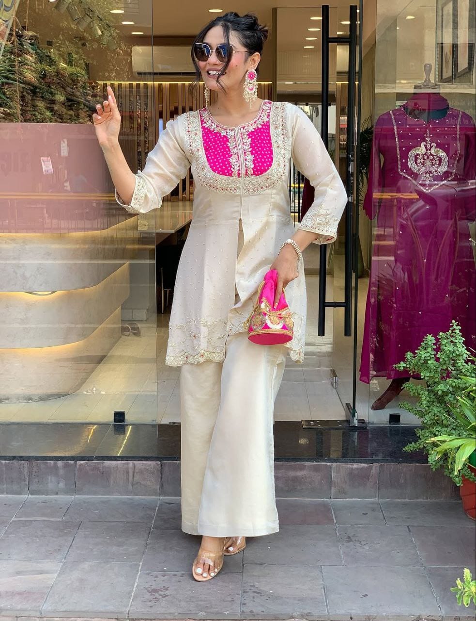 Ivory Embroidered Kurta Palazzo Set with Pink Inner