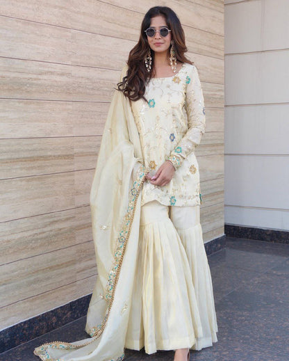 Elegant Ivory Embroidered Sharara Suit with Dupatta