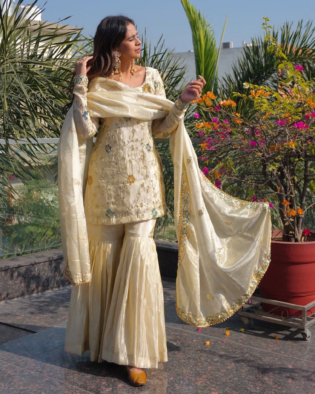Elegant Ivory Embroidered Sharara Suit with Dupatta