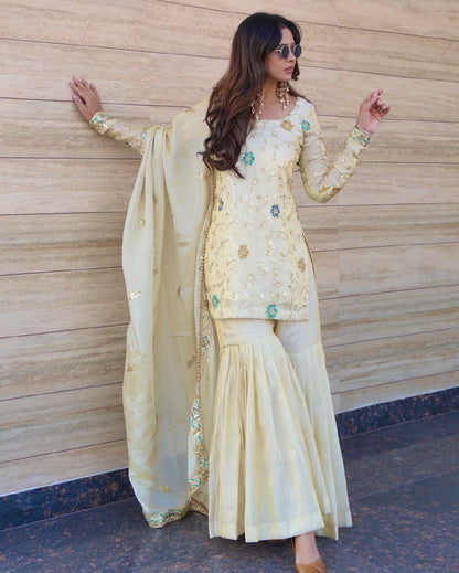 Elegant Ivory Embroidered Sharara Suit with Dupatta