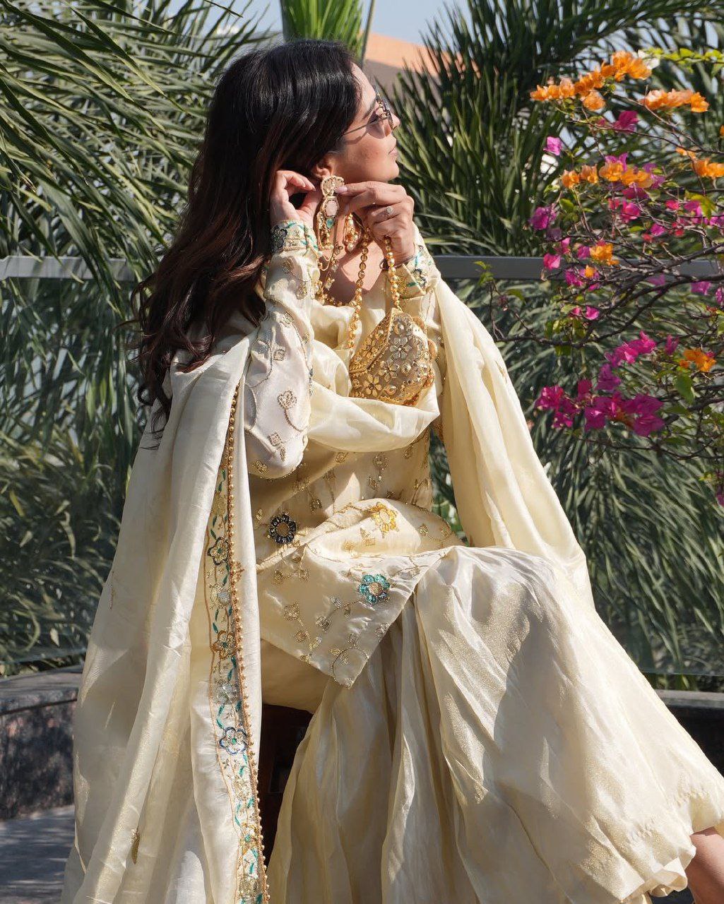 Elegant Ivory Embroidered Sharara Suit with Dupatta