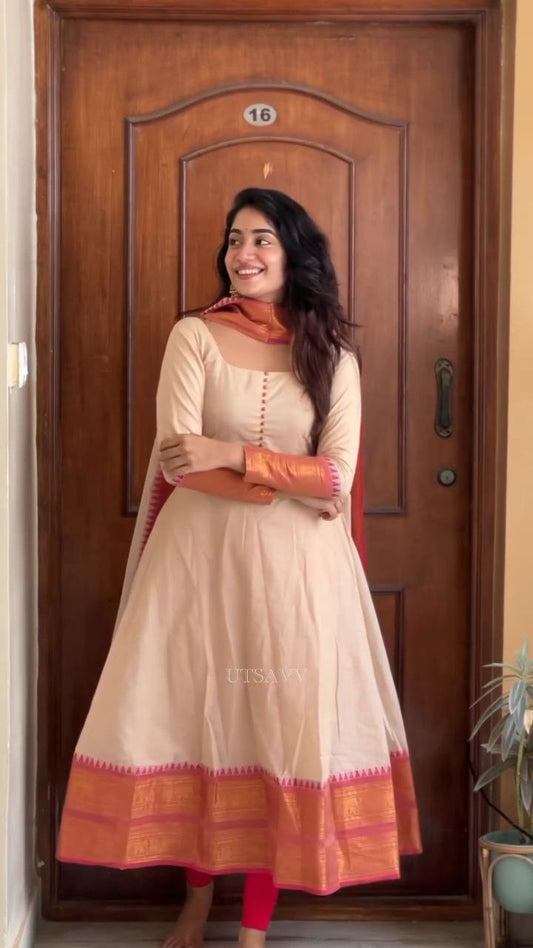 Beige Anarkali Kurta Set with Contrast Border Dupatta