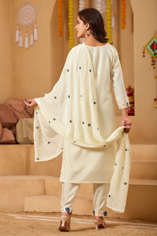 Ivory White Embroidered Kurta Set with Dupatta