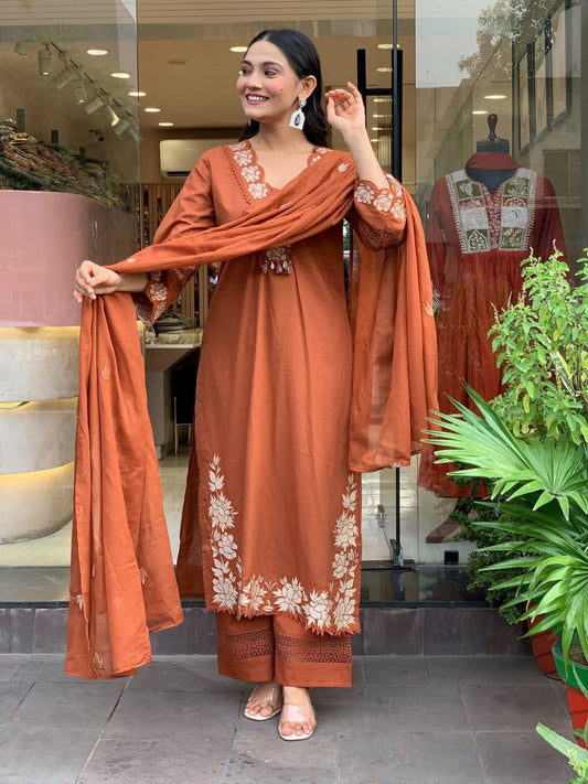 Rust Brown Embroidered Kurta Set with Dupatta