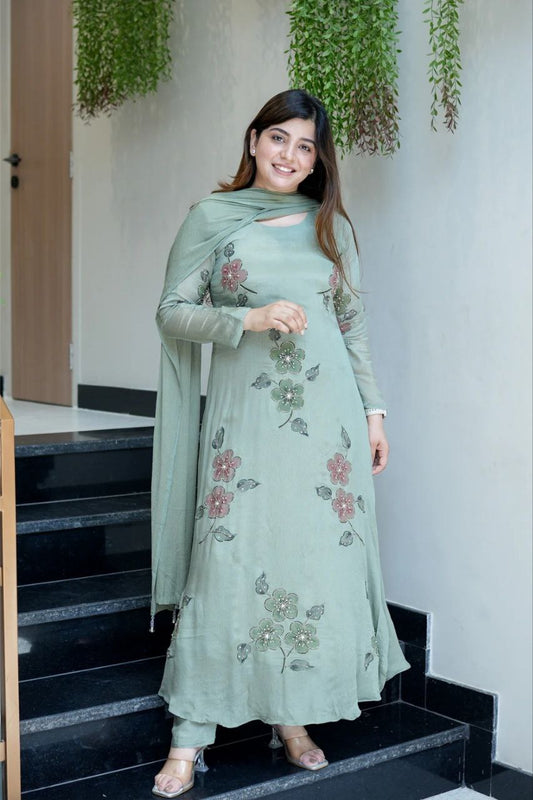 Sage Green Floral Embroidered Kurta Set with Dupatta