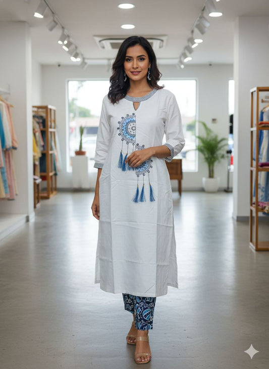 White Embroidered Straight Kurta Set for Women