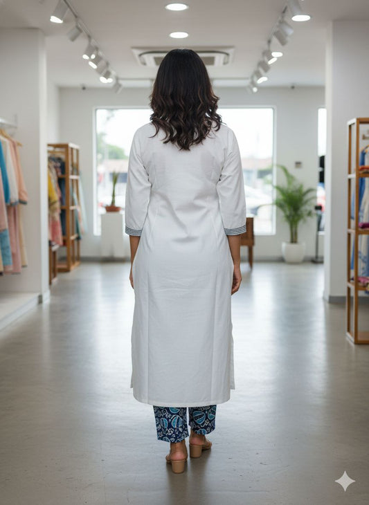 White Embroidered Straight Kurta Set for Women