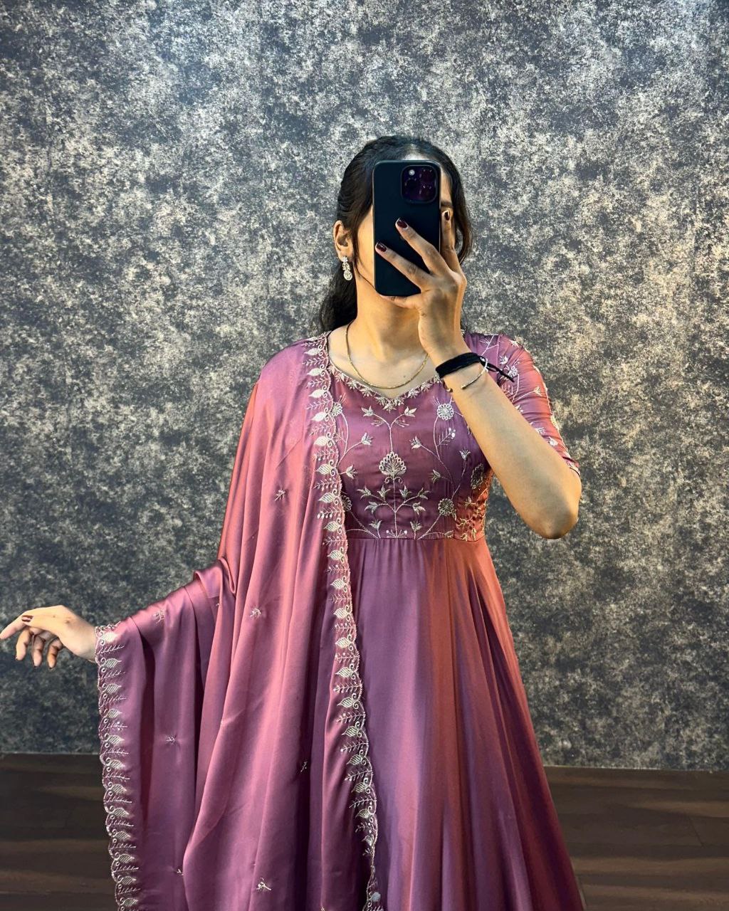 Mauve Floral Embroidered Anarkali Gown for Women
