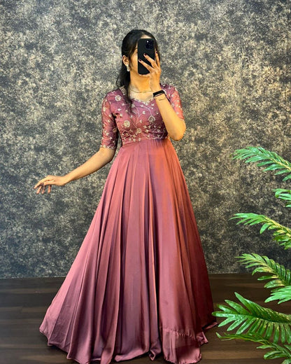 Mauve Floral Embroidered Anarkali Gown for Women