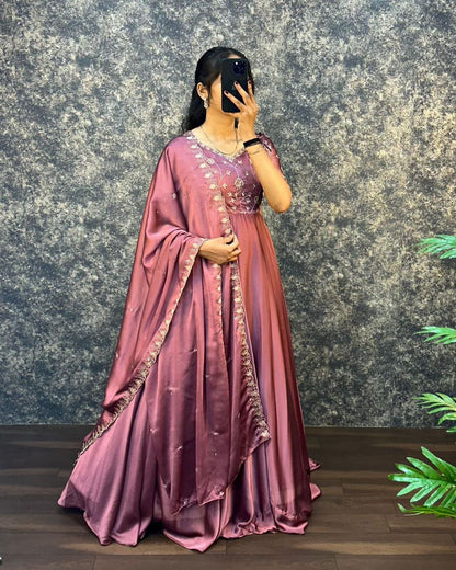 Mauve Floral Embroidered Anarkali Gown for Women