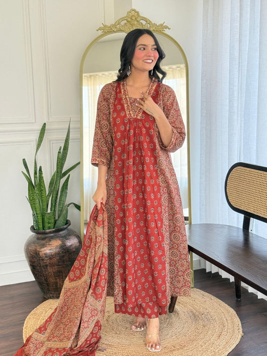 Rust Red Printed Anarkali Kurta Set with Dupatta
