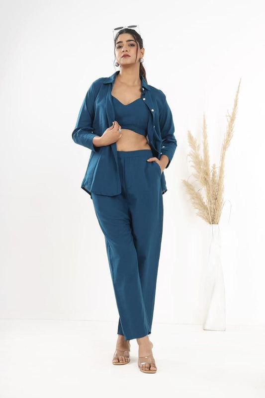 Teal Blue Shirt & Pant Co-Ord Set for Women