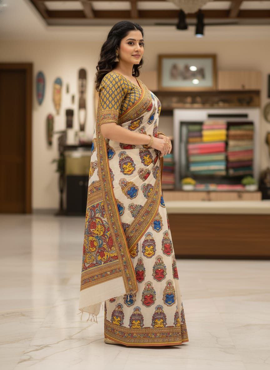 Elegant Cream Kalamkari Printed Saree with Traditional Border