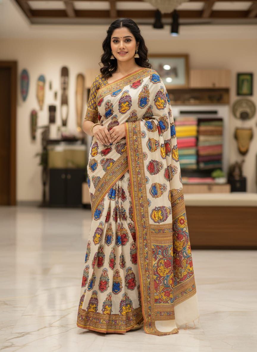 Elegant Cream Kalamkari Printed Saree with Traditional Border