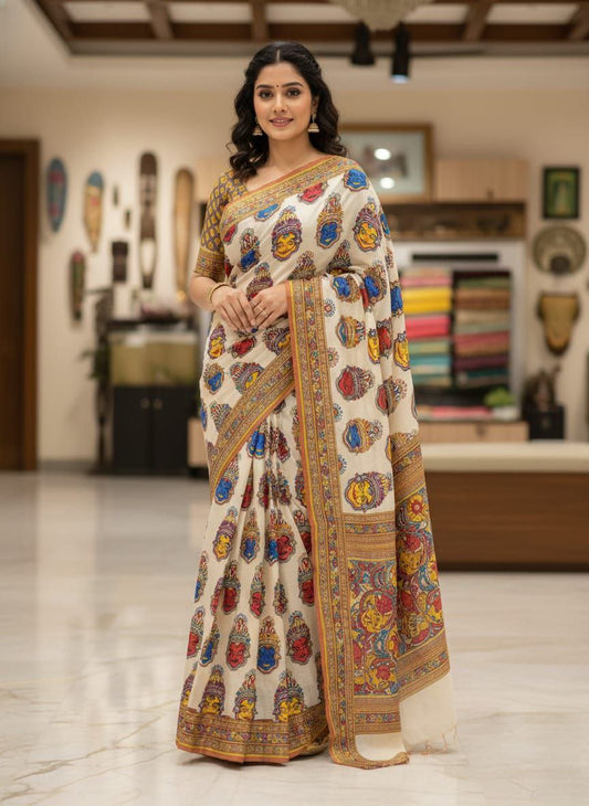 Elegant Cream Kalamkari Printed Saree with Traditional Border