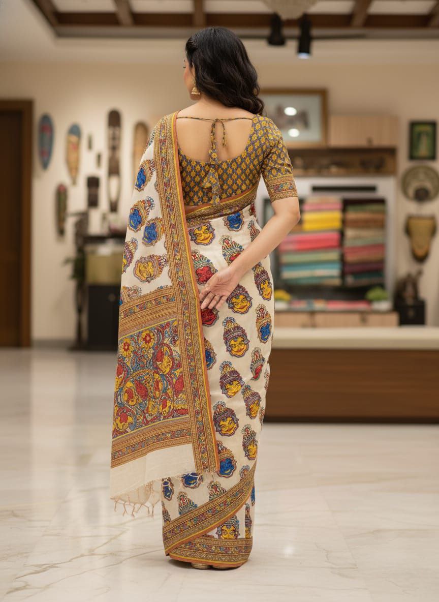 Elegant Cream Kalamkari Printed Saree with Traditional Border