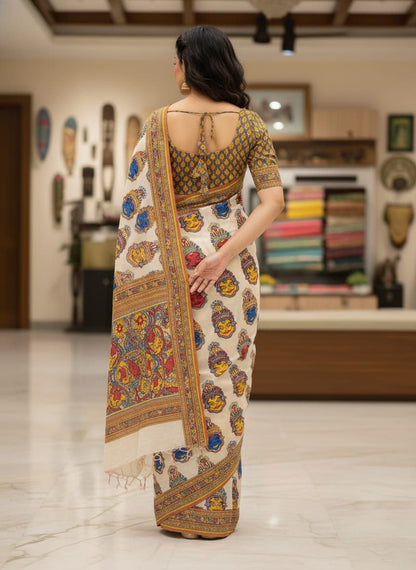 Elegant Cream Kalamkari Printed Saree with Traditional Border