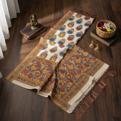 Elegant Cream Kalamkari Printed Saree with Traditional Border