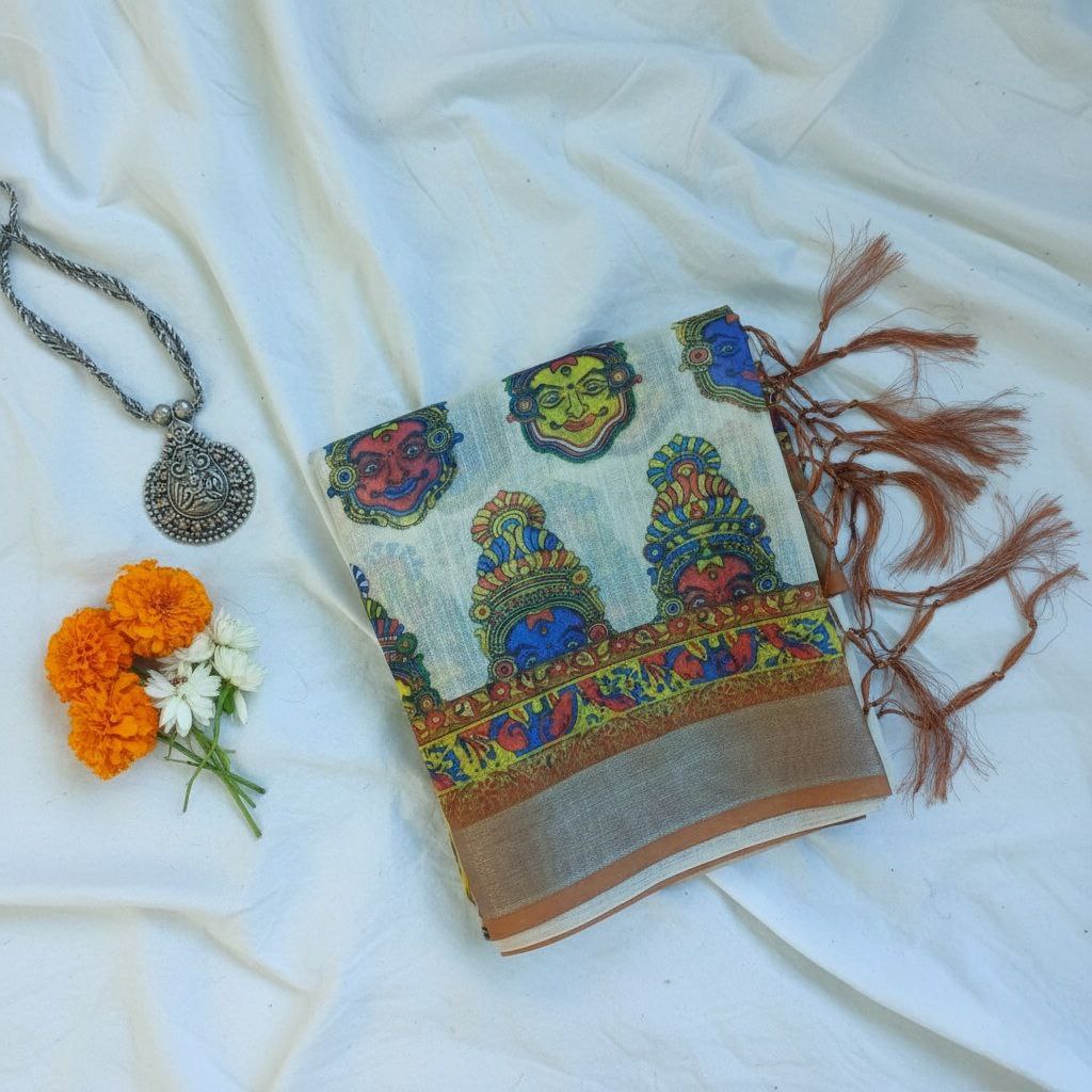 Elegant Cream Kalamkari Printed Saree with Traditional Border