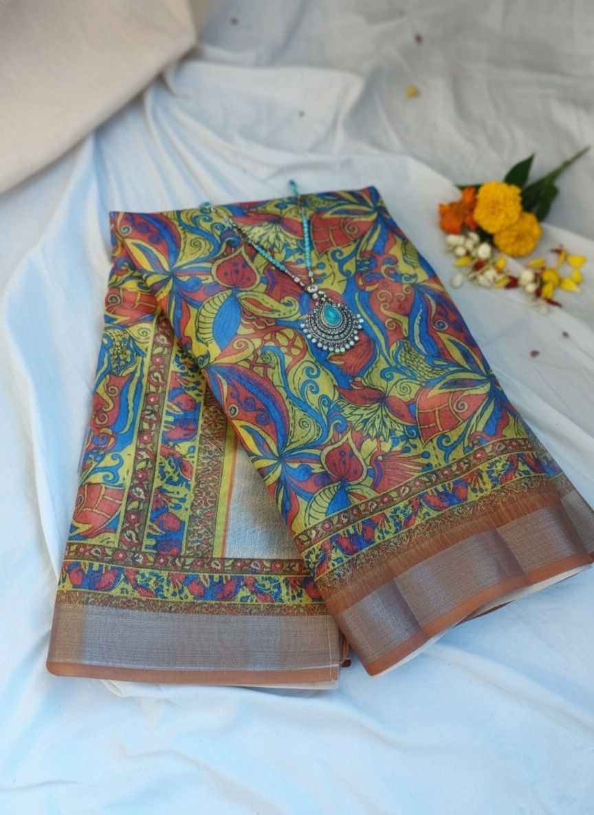 Elegant Cream Kalamkari Printed Saree with Traditional Border