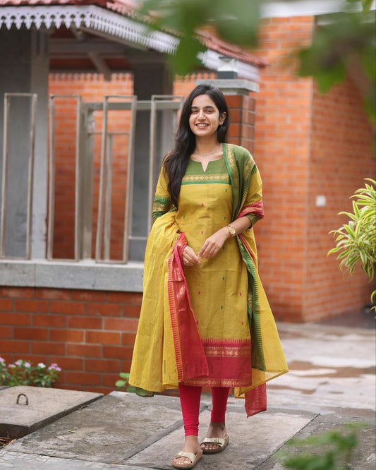 Elegant Mustard Yellow Cotton Kurta Set with Dupatta