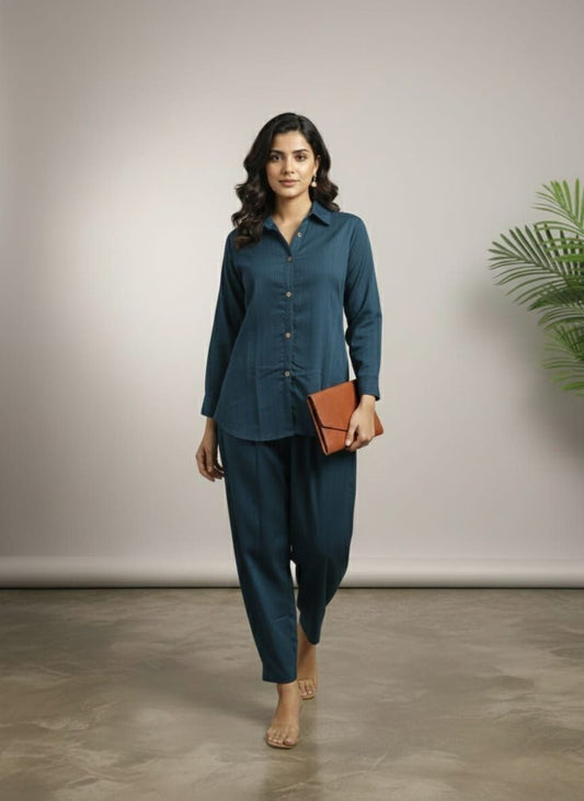 Elegant Teal Blue Shirt & Pant Co-Ord Set