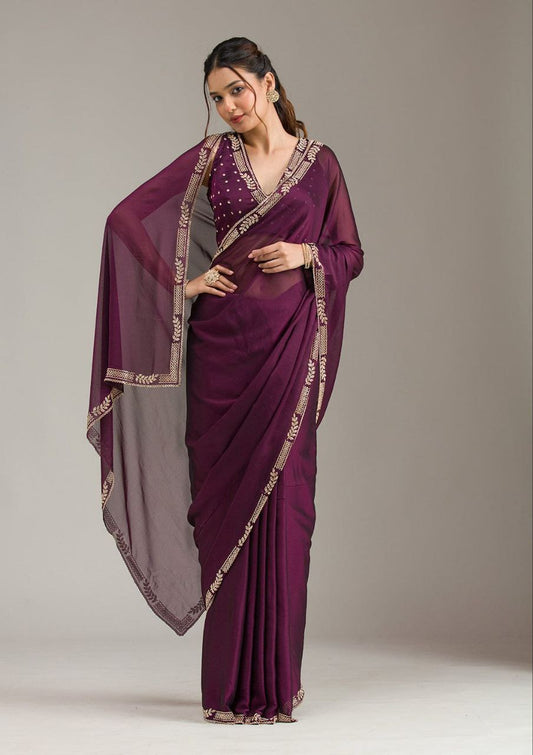 Elegant Wine Purple Embroidered Saree