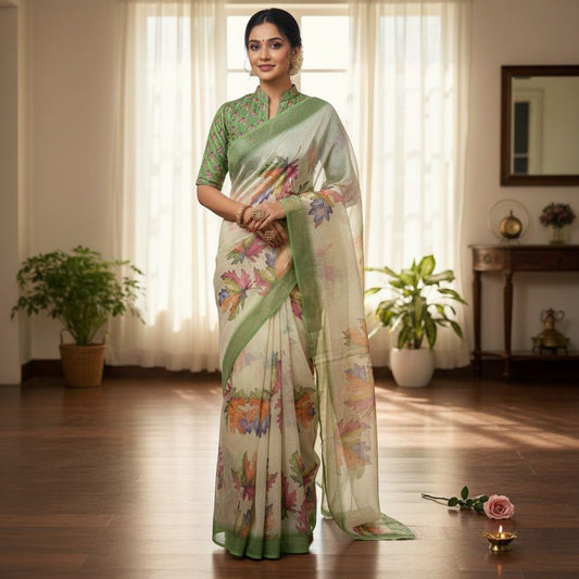 Elegant Pastel Green Floral Printed Saree