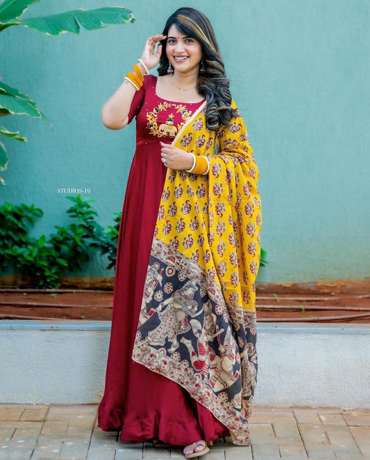 Festive Maroon Anarkali Dress with Kalamkari Dupatta
