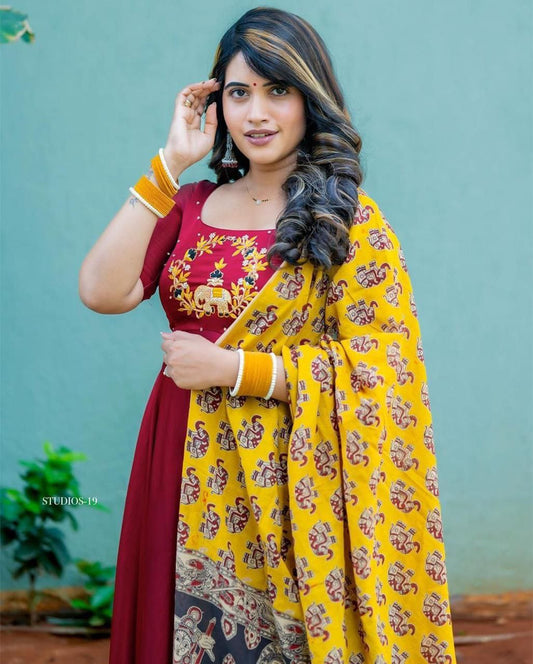 Festive Maroon Anarkali Dress with Kalamkari Dupatta