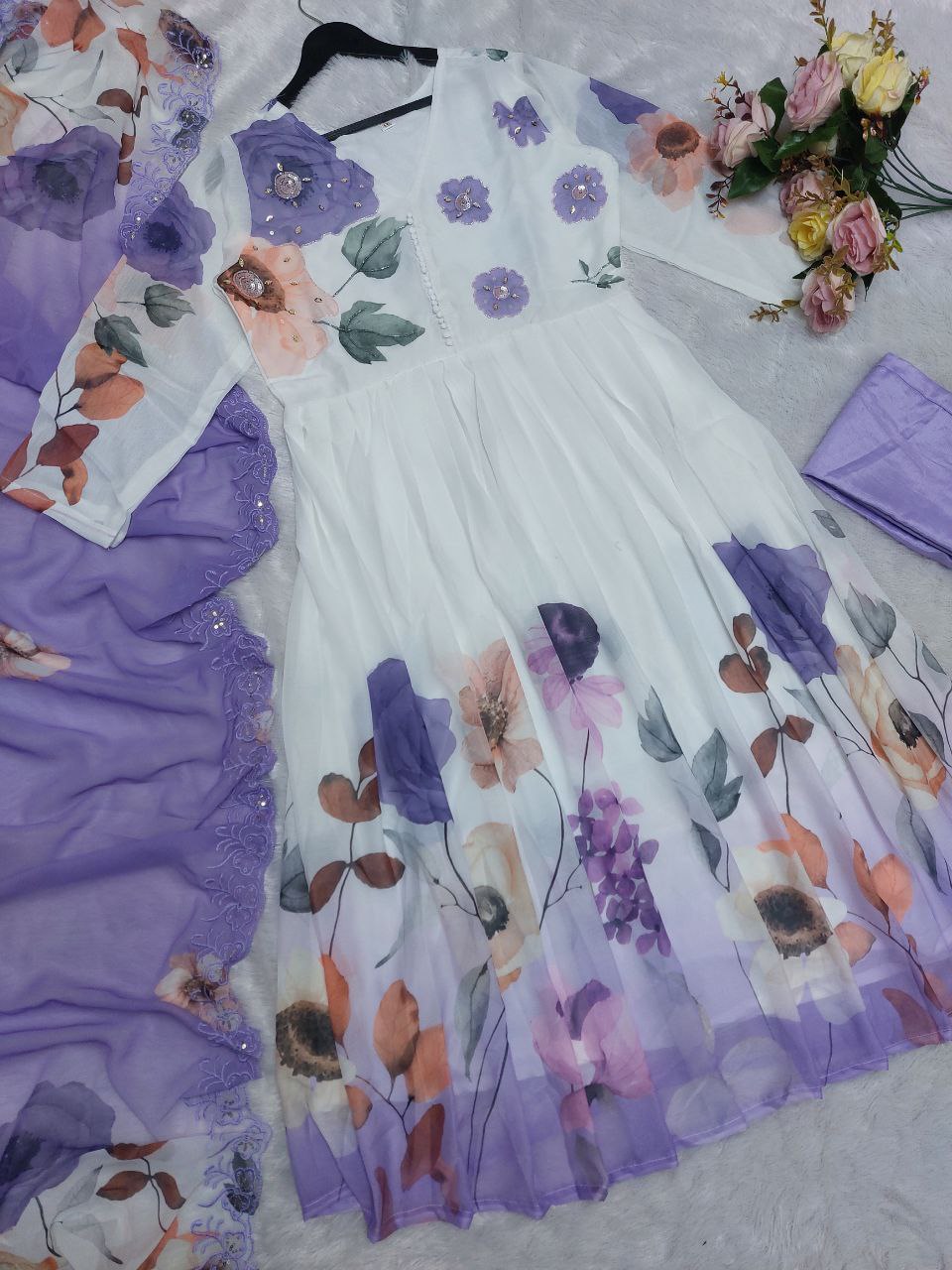 Elegant Lavender Floral Anarkali Suit Set