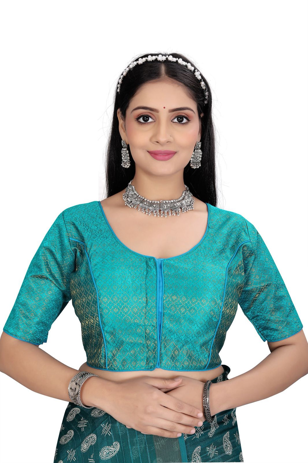Traditional Silk Brocade Saree Blouse – Readymade