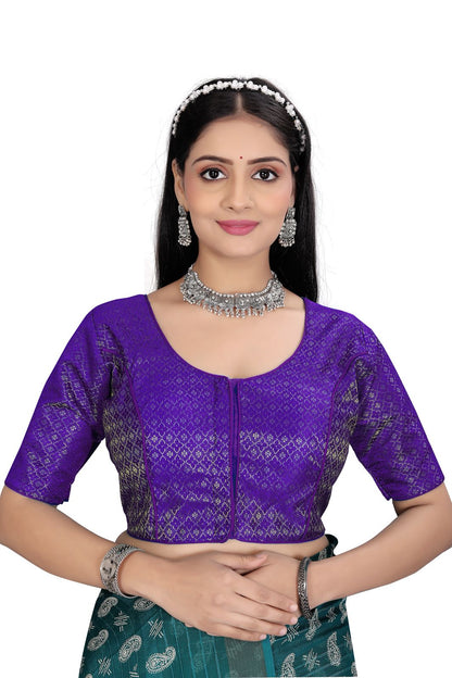 Women’s Royal Purple Brocade Silk Saree Blouse | Designer Ethnic Blouse with Elbow Sleeves