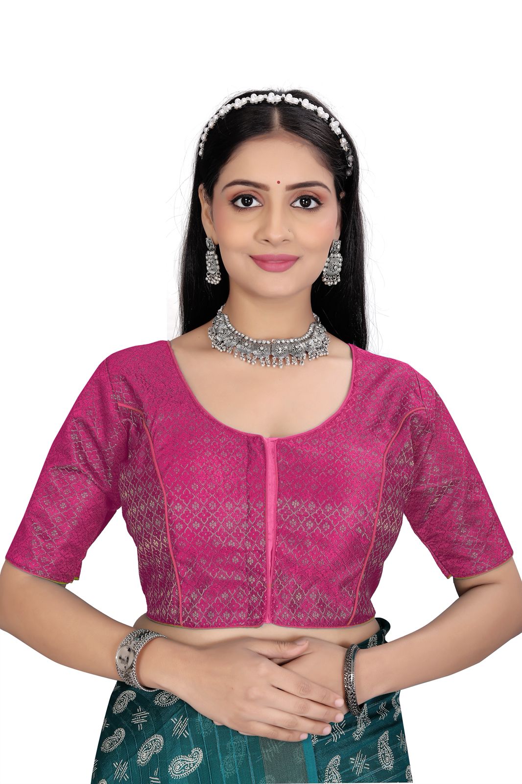 Women’s Brocade Silk Saree Blouse | Designer Ethnic Blouse with Elbow Sleeves