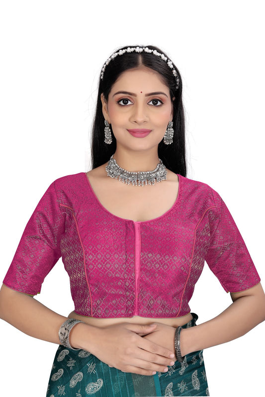 Women’s Brocade Silk Saree Blouse | Designer Ethnic Blouse with Elbow Sleeves