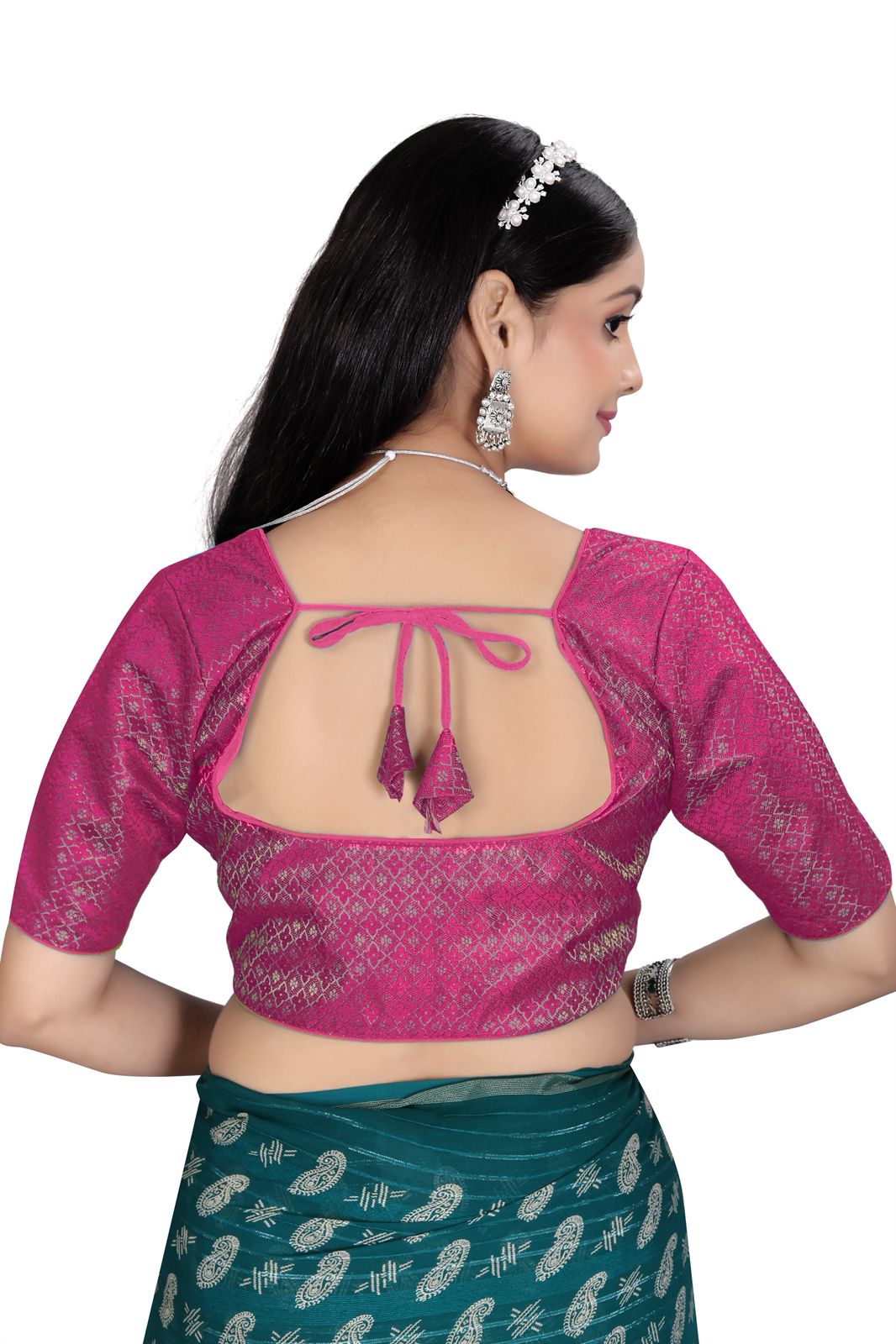 Women’s Brocade Silk Saree Blouse | Designer Ethnic Blouse with Elbow Sleeves