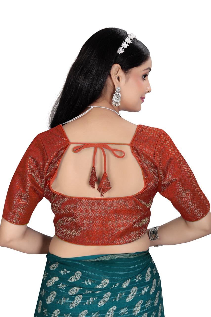 Women’s  Brocade Silk Saree Blouse | Designer Ethnic Blouse with Elbow Sleeves