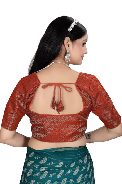 Women’s  Brocade Silk Saree Blouse | Designer Ethnic Blouse with Elbow Sleeves