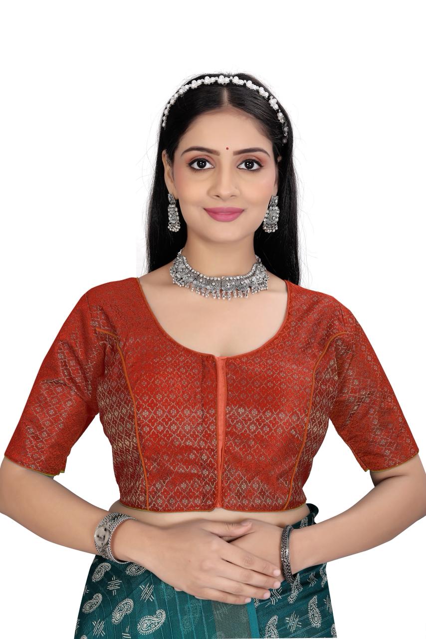 Women’s  Brocade Silk Saree Blouse | Designer Ethnic Blouse with Elbow Sleeves