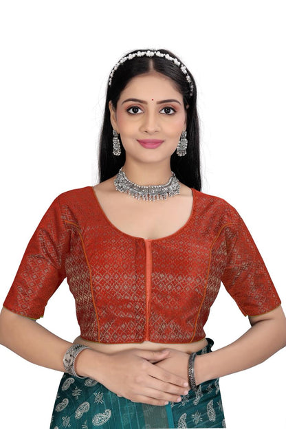Women’s  Brocade Silk Saree Blouse | Designer Ethnic Blouse with Elbow Sleeves