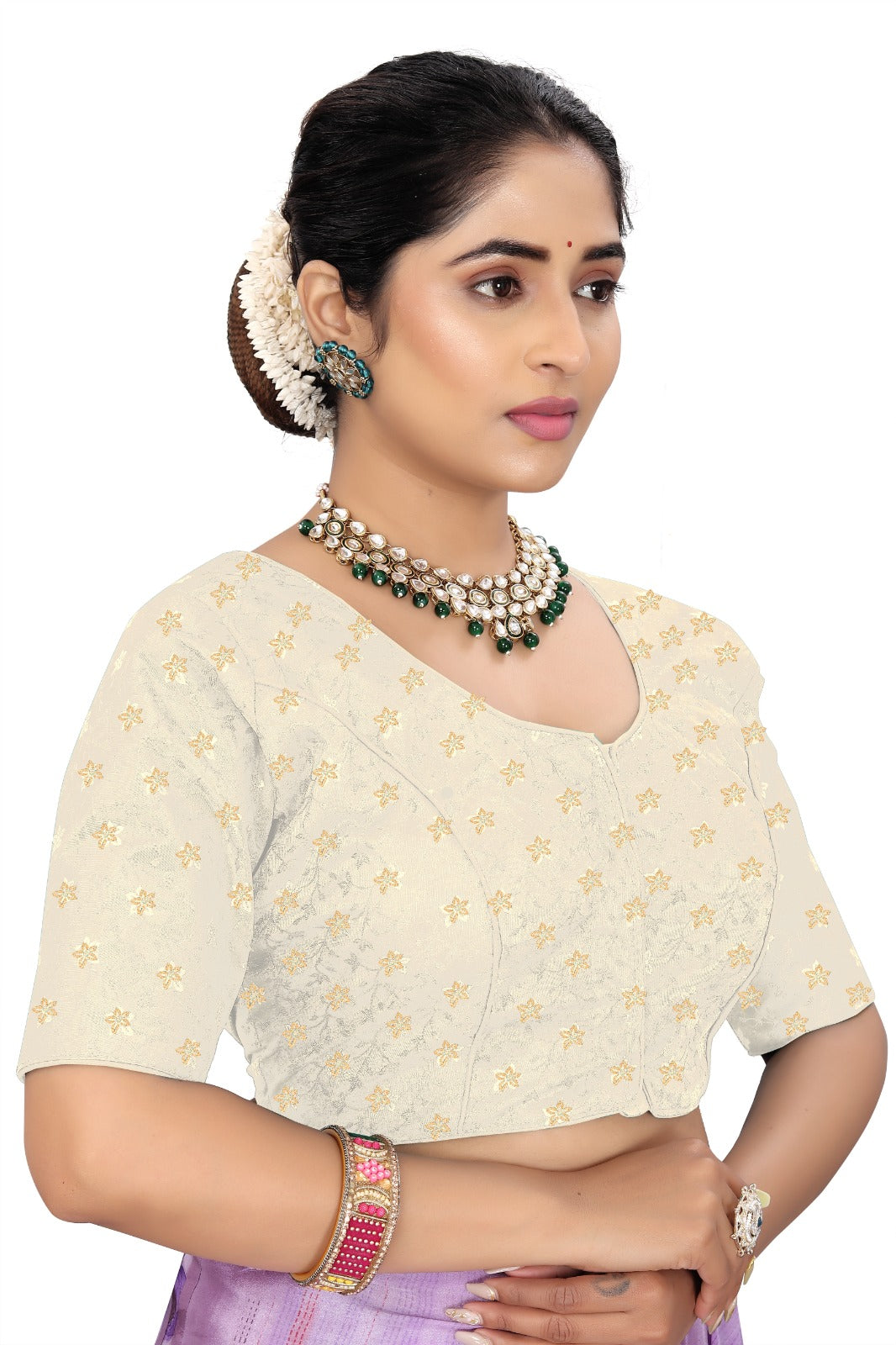 Women’s White Brocade Silk Blouse | Designer Ethnic Saree Blouse with Elbow Sleeves